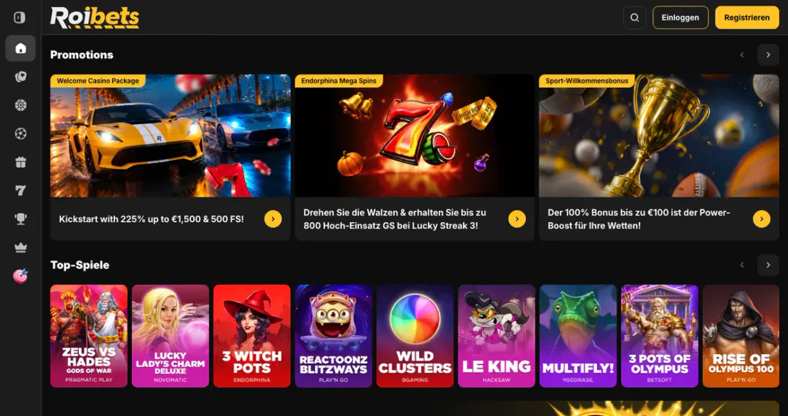 Casino-Lobby von roibets.com: Slots auf der Startseite