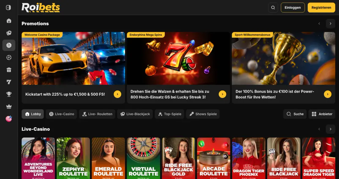Live-Casino-Bereich von roibets.com