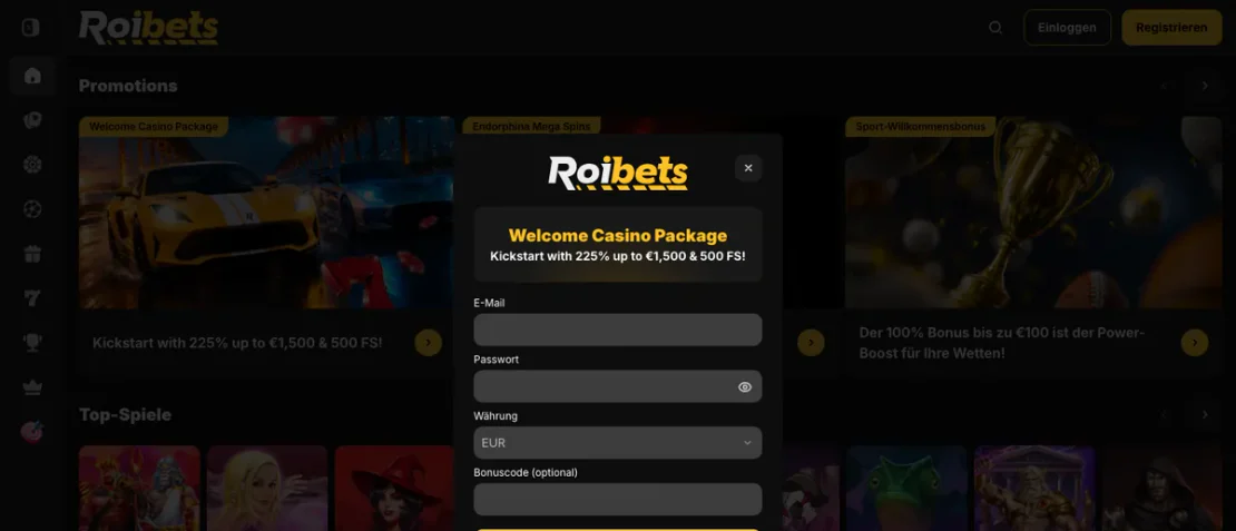Registrierungsformular bei roibets.com (Kontowährung EUR)